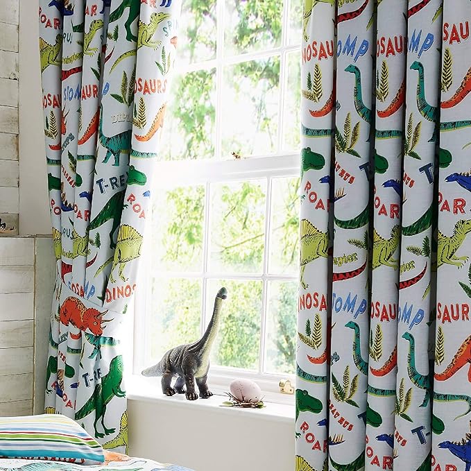 Happy Linen Company Kinder Vorhänge mit Kräuselband - Dinosaurier-Motive - Grün - 168 x 183 cm