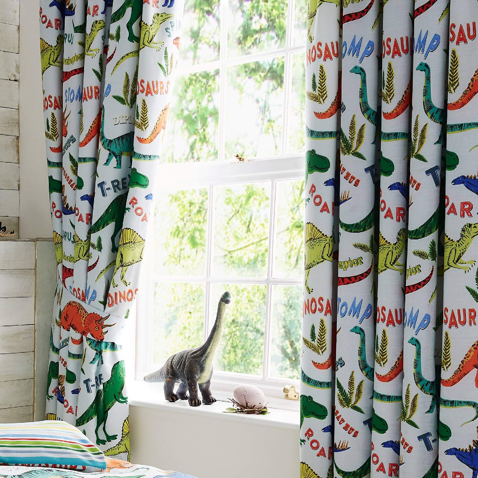 Happy Linen Company Kids Boys Girls Dinosaur Park Jurassic T-Rex Dino Green 66" x 72" Pencil Pleat Curtain Set