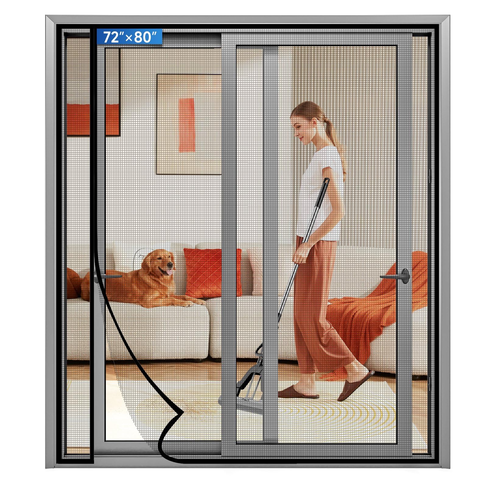 Magnetic Screen Door With Upgraded PET Mesh - Hands-Free Entry For Sliding & French Doors (72x80)
