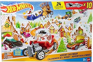 Hot Wheels Toy Cars & Playset, 2025 Advent Calendar with 10 Vehicles in 1:64 Scale, 10 Ornament Clips & 14 Winter-Themed Acce