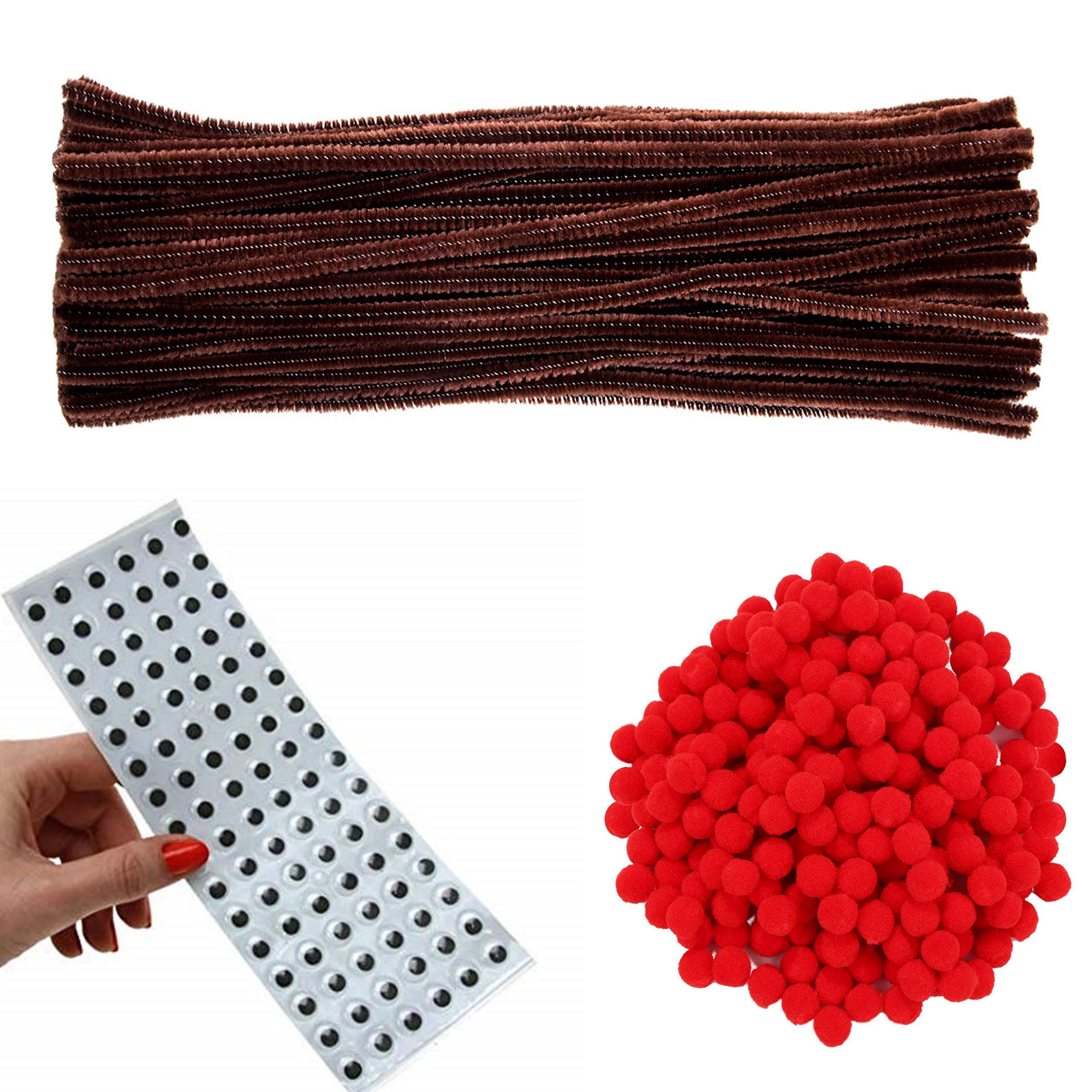 Kids B Crafty Brown Pipe Cleaners, Pipe Cleaners for Craft, 6mm x 30cm (12 Inches) 100, 100 Red Pom Poms, 192 10mm Googly Eyes Self Adhesive, Christmas Crafts,Party Set