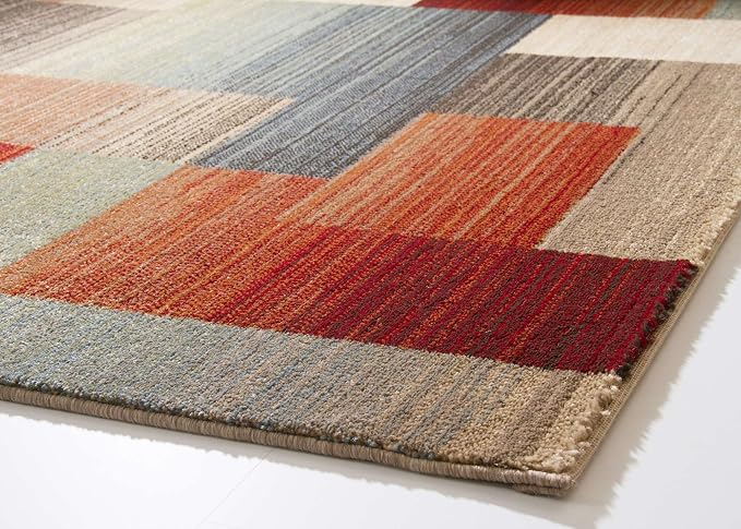 New Modern Rug Derby Fields Squares Brown Grey Red Colourful