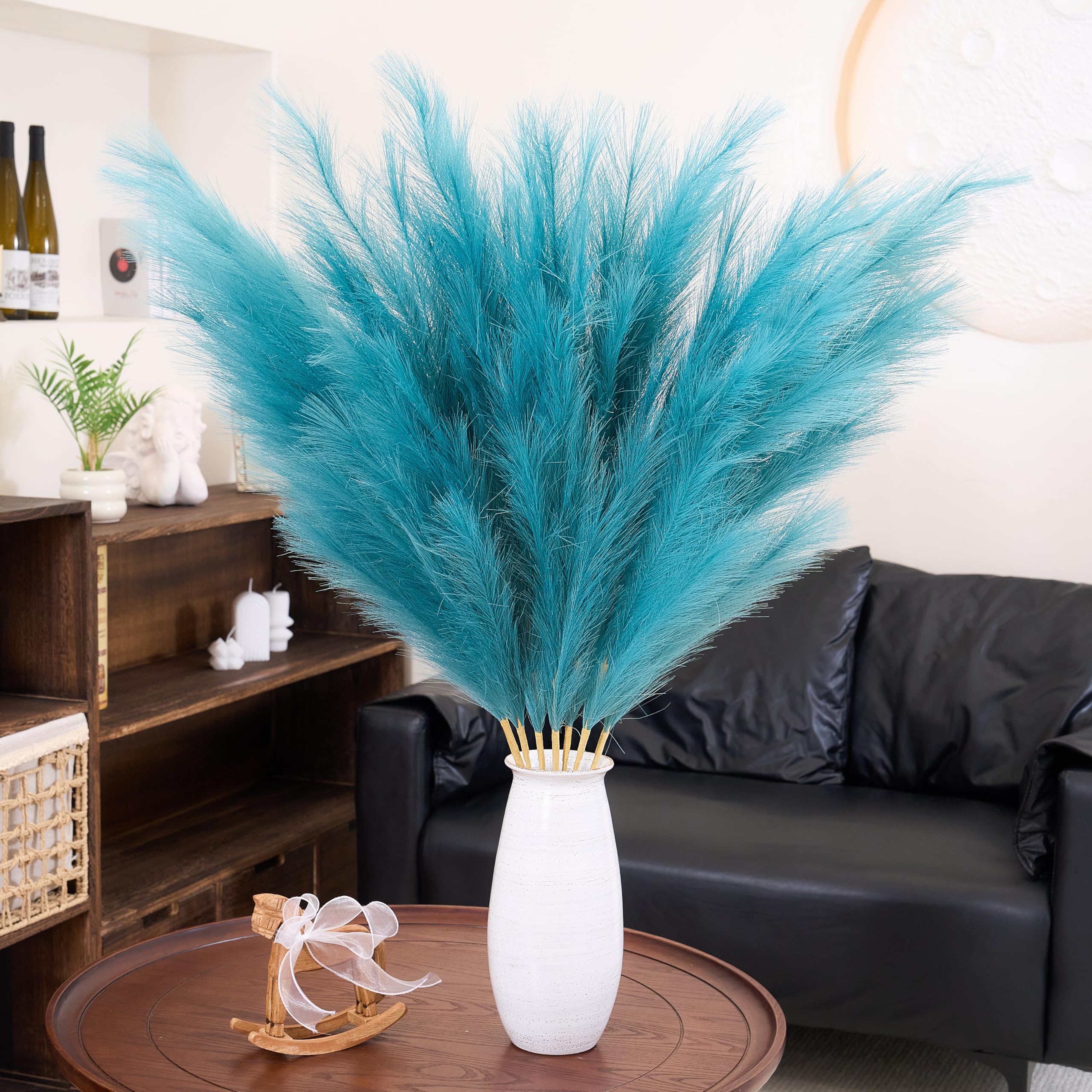 Premium Faux Pampas Grass Decor Tall,8pcs 43.3"/110cm Large Artificial Pampas Floral Fluffy,Long Feather Flowers for Boho Wedding Arangement Bedroom Living Room Decorations (teal, 8pcs 43.3"/110cm)