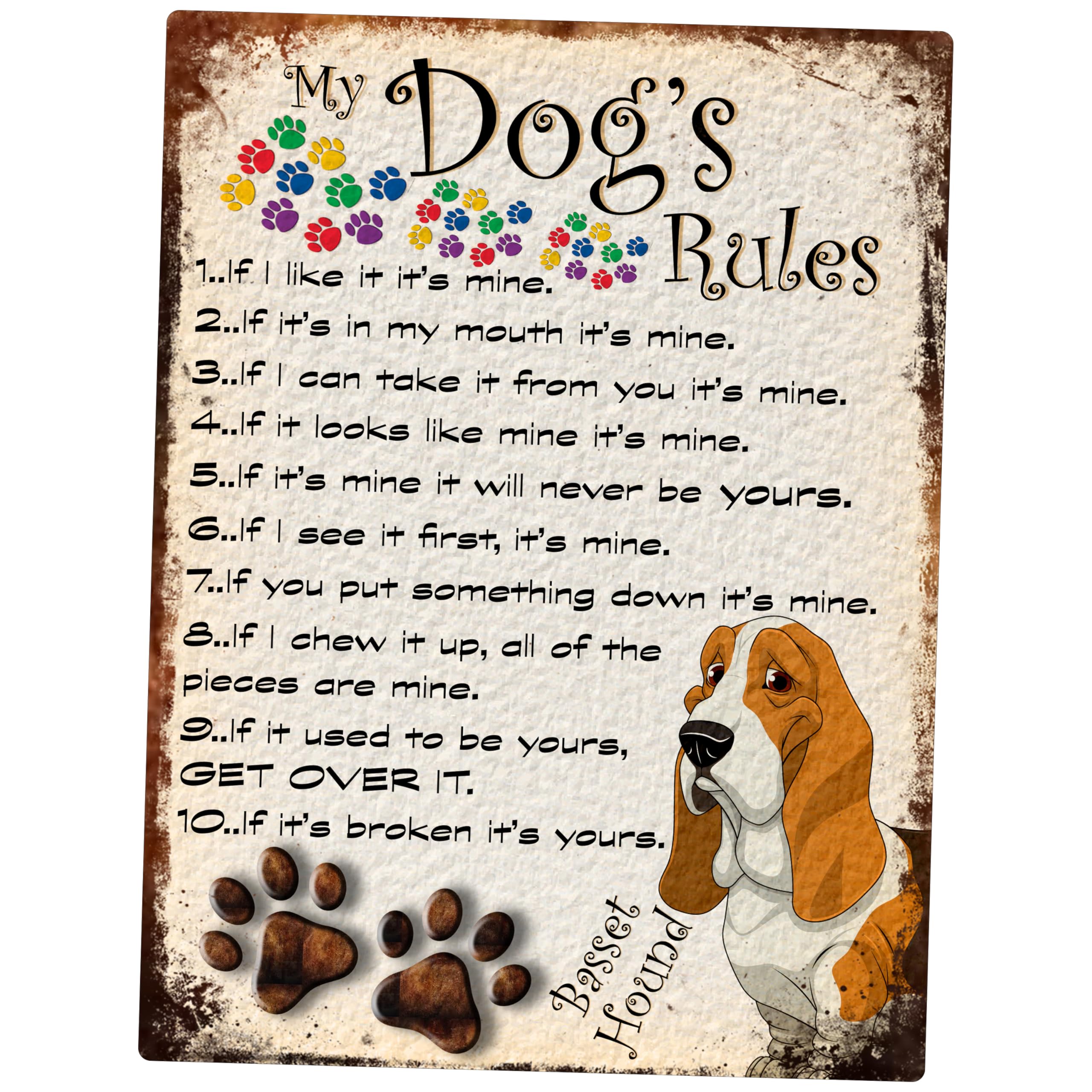 SHAWPRINT MY DOG'S RULES RETRO STYLE METAL TIN SIGN/PLAQUE BASSET HOUND THEME 8" x 6" (86DR)