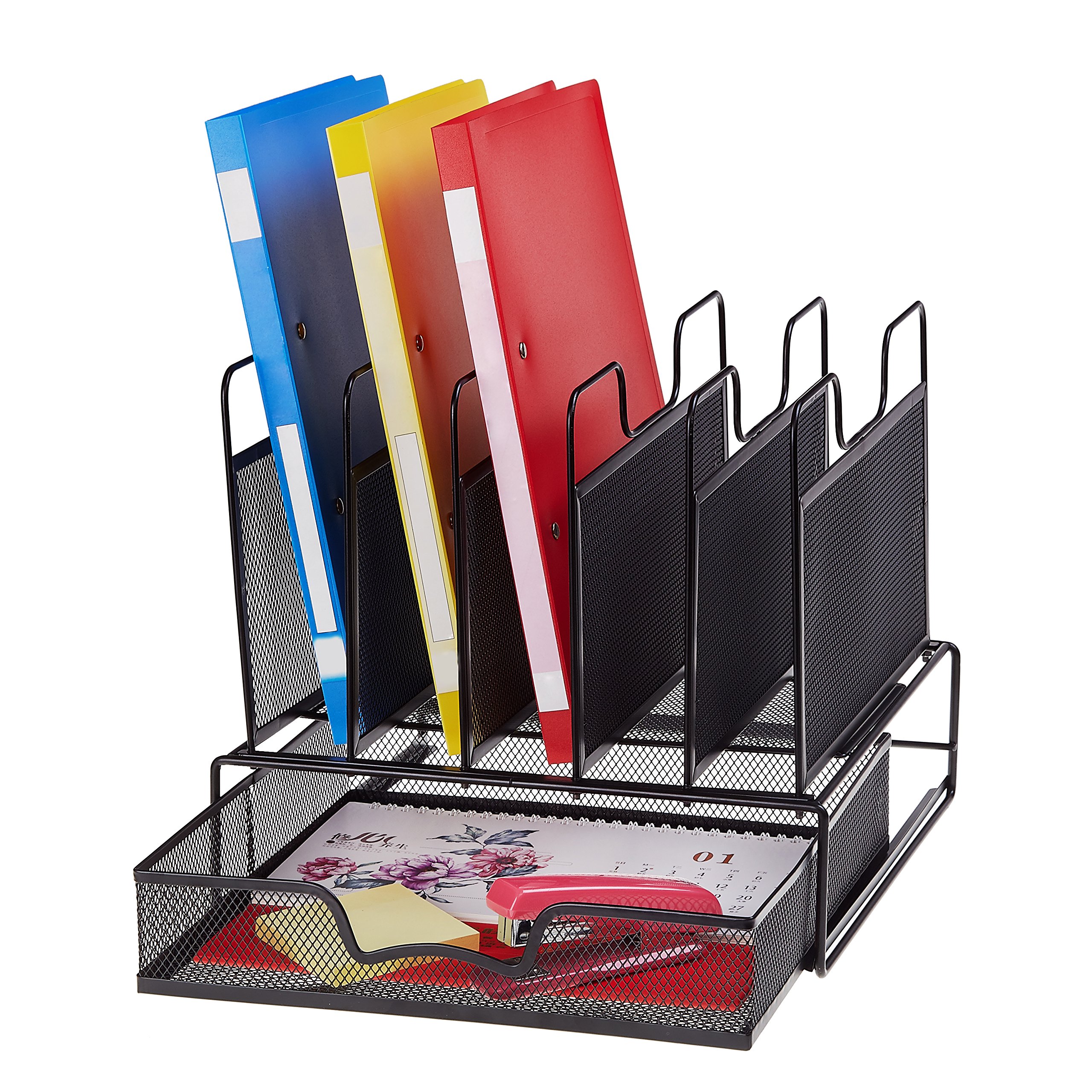 ProAid Office Mesh Desktop Organizer with 5 Vertical Sections, Desk File Organizer with 1 Drawer, Suitable for Organizing Files, Magazines, A4 Papers and Desk Accessories, Black