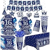 FVABO 16th Birthday Decorations for Boys, Silver Blue Happy 16th Birthday Party Supplies Tableware, Paper Plates, Napkins, Cups, Disposable Cutlery, Tablecloth, Swirls, Banner, Serves 24