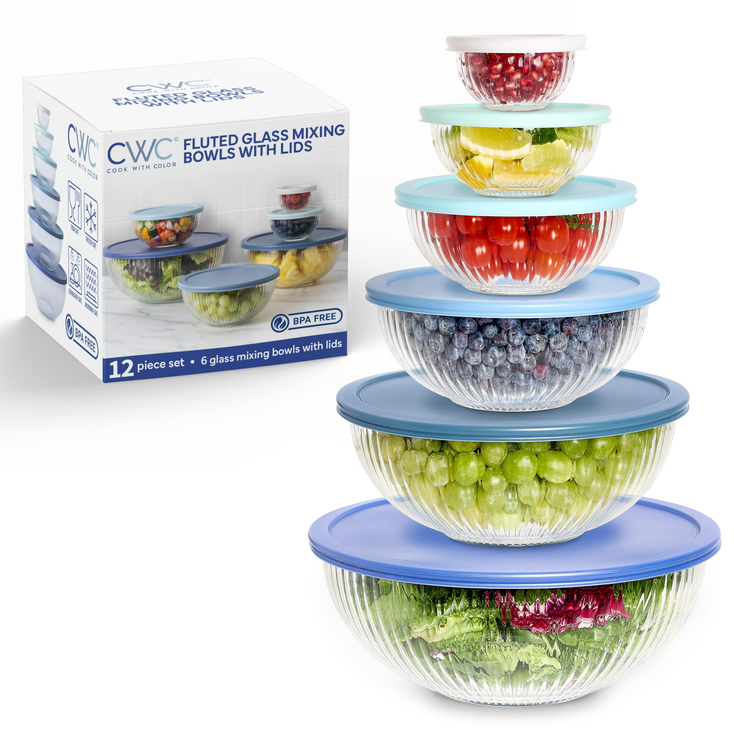 Photo 1 of **MISSING 2 BOWLS**
COOK WITH COLOR 12 Pc Glass Mixing Bowl Set with Lids – Borosilicate Glass Nesting Bowls for Cooking, Baking and Meal Prep, Fluted Blue
