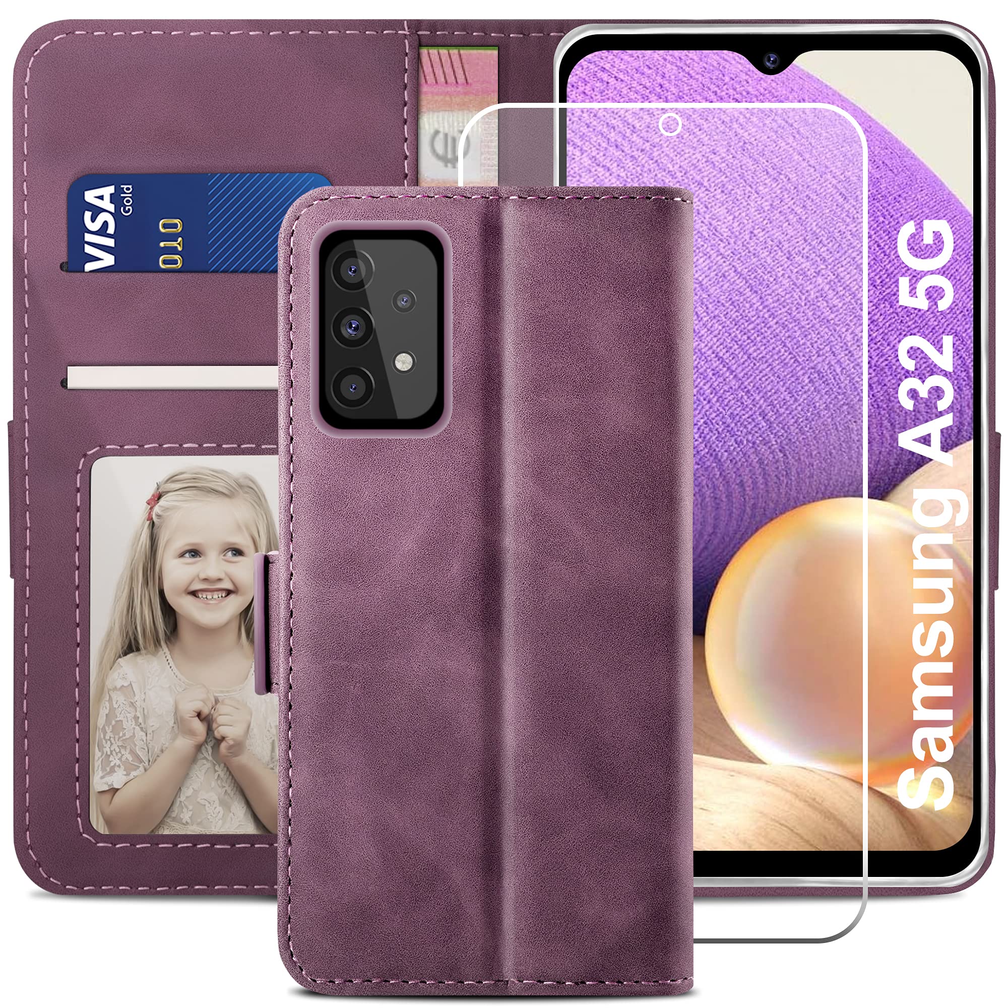 YATWIN Compatible with Samsung Galaxy A32 5G Case, Flip Wallet Leather Case with Tempered Glass Screen Protector and Card Slot Kickstand Phone Cases Cover for Samsung A32 5G - Wine Red