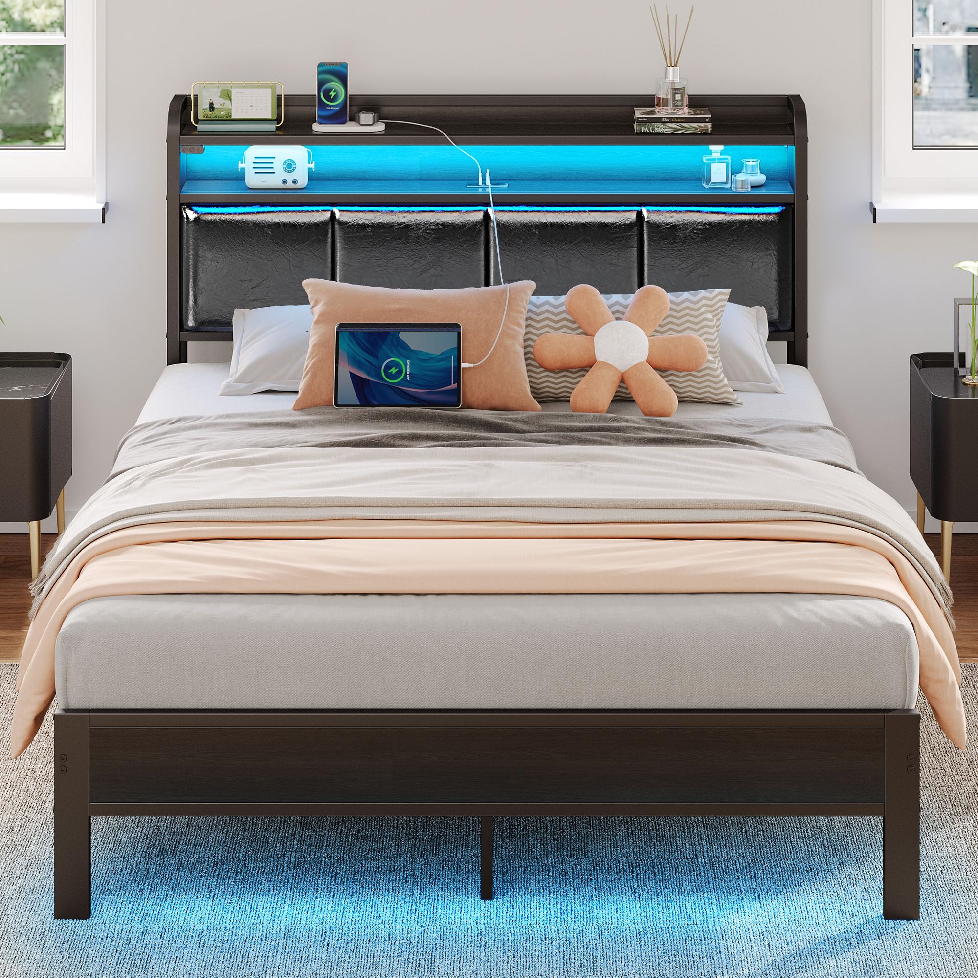 Photo 1 of (missing instructions)(missing hardware) Rolanstar Bed Frame Full Size with Charging Station and LED Lights, PU Leather Headboard with Storage Shelves, Heavy Duty Metal Slats