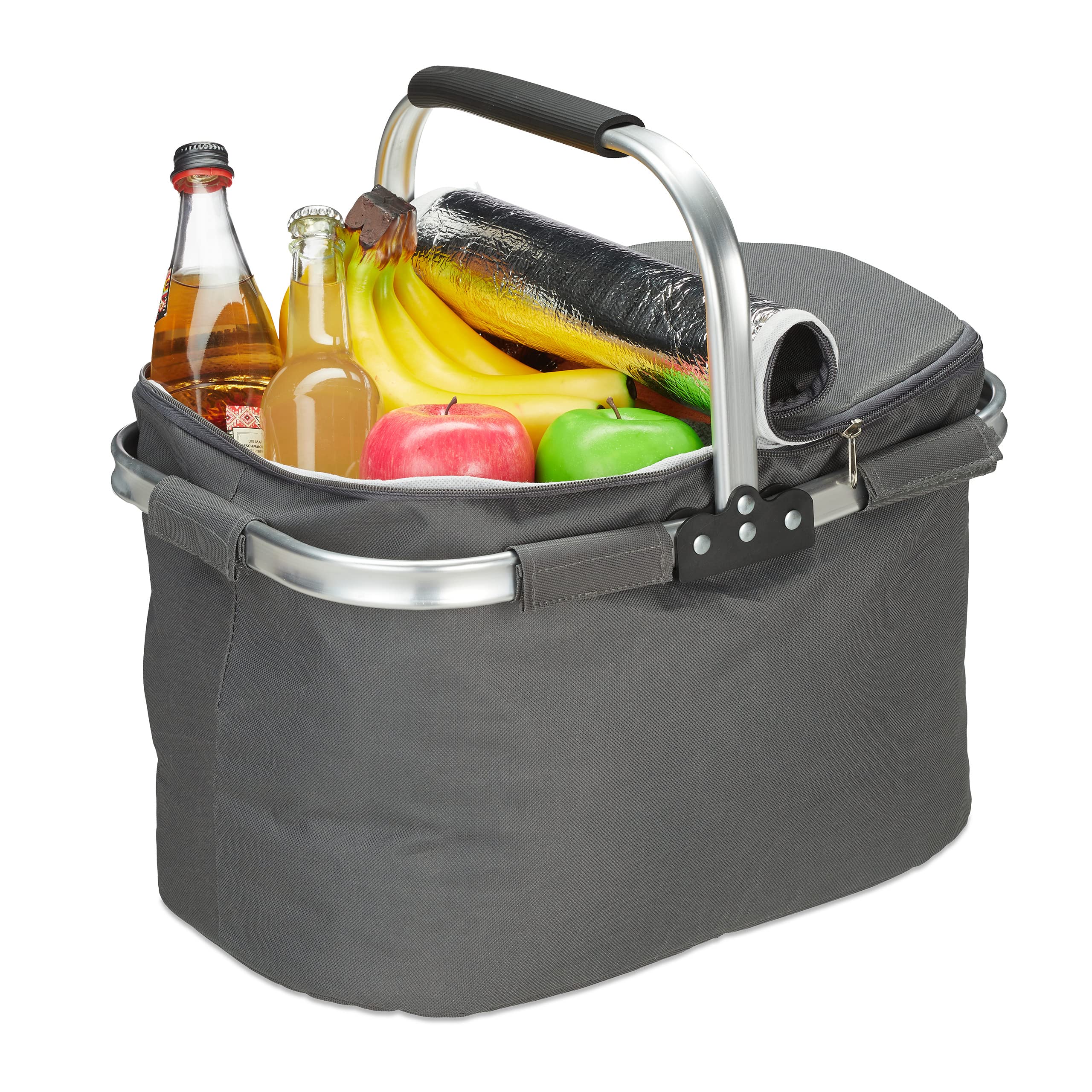 Relaxdays Shopping Basket With Cooling Function, Foldable, Lid, Handle, 27 Liters, Thermal, Polyester, Grey