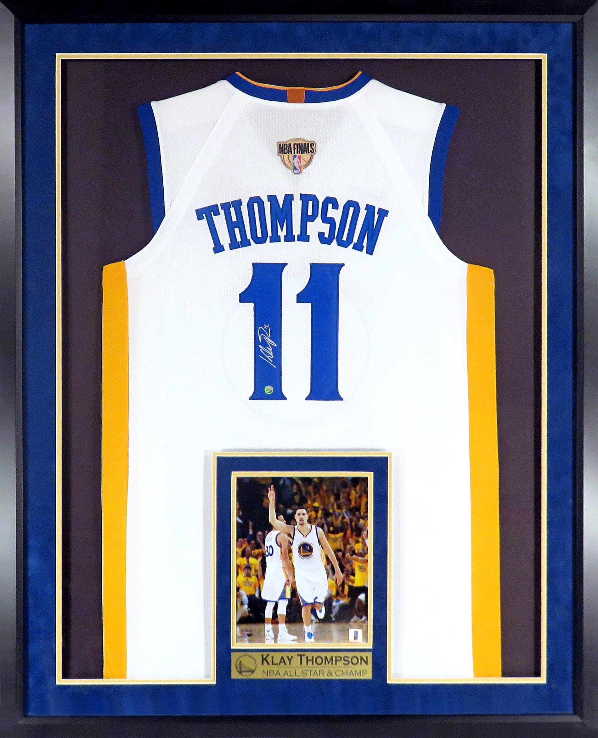 GS Warriors Klay Thompson Autographed Home White Jersey w/ 2018 Finals Patch (w/"NBA ALL STAR & CHAMP" Plate) Framed
