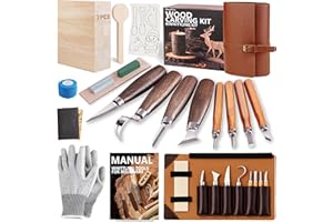 EasyTime Wood Carving Tools Kit: Deluxe Wood Whittling Set with PU Leather Case - Woodworking Knives with Basswood Blocks & I