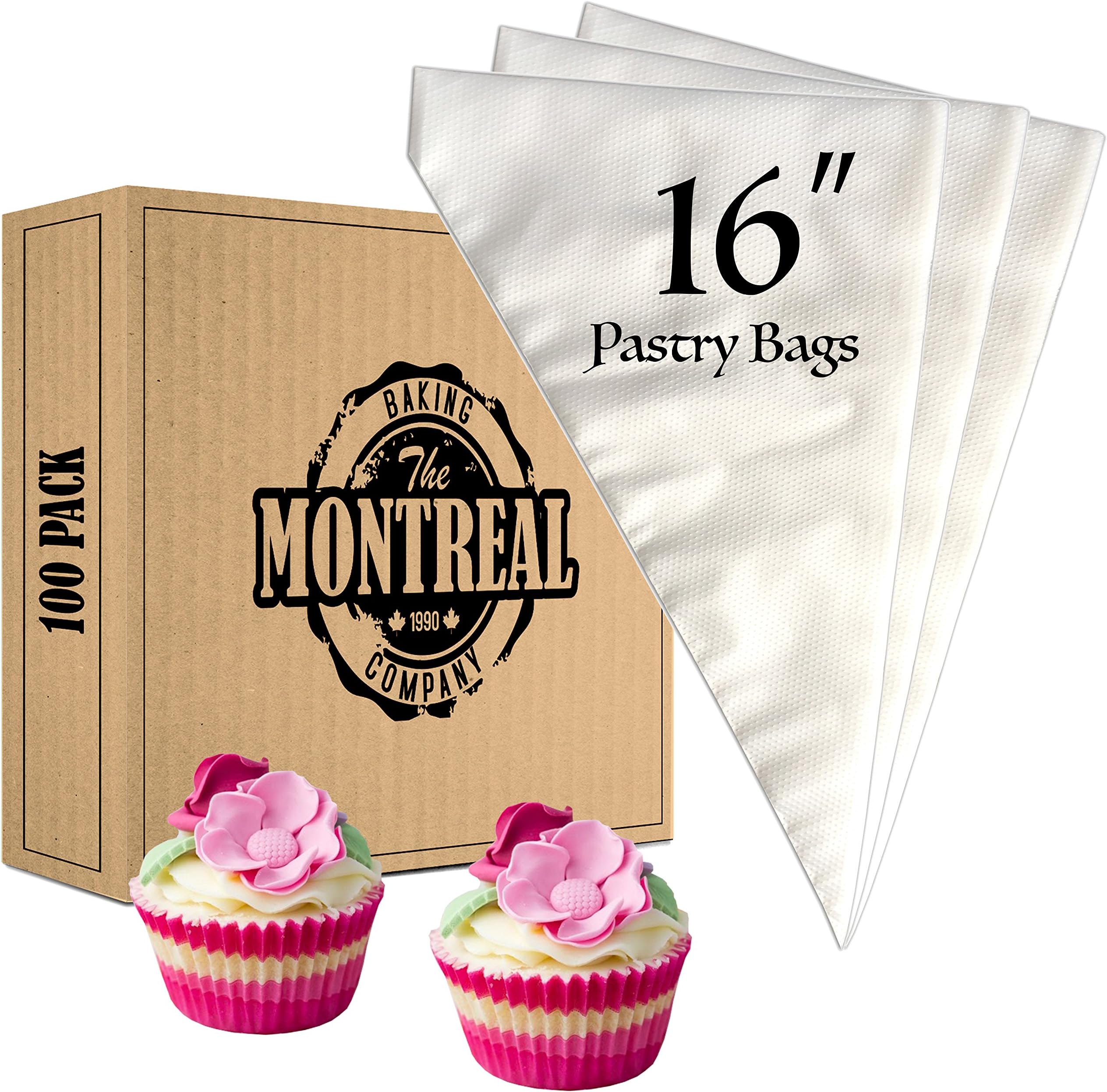 Montreal Baking 16 Inch Pastry Bags - 100 Pack - Disposable Piping and Icing Bags - Cake Decorating Supplies