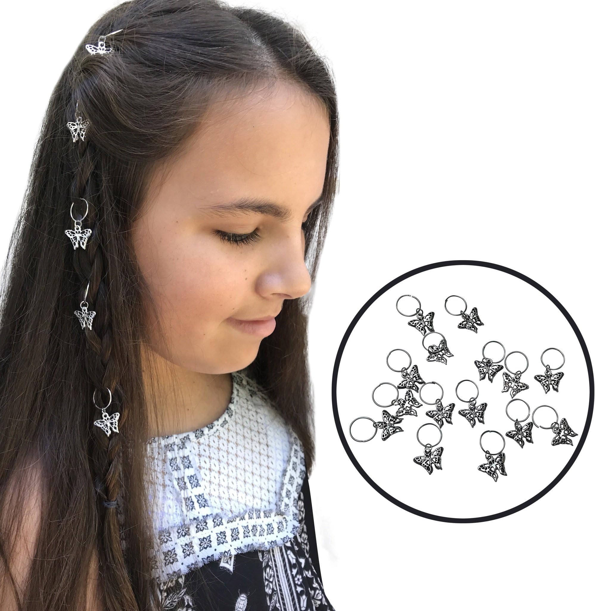 Braid Rings for Hair and Dreadlocks, 20 pieces of Loops Jewelry, Silver Metal Butterfly Charms
