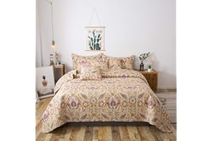 TACHE HOME FASHION Tache Gold Royal Medallion Boho Chic Yellow - Unique Artsy Floral Paisley Summer Lightweight Quilt Bedspread Coverlet - 3 Piece Set - California King