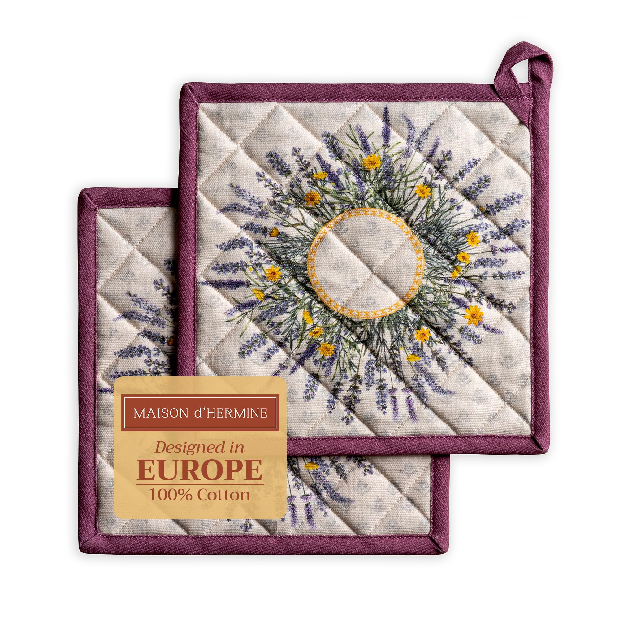 Maison d' Hermine Pot Holders Set 100% Cotton Heat Resistant Potholders 20 cm x 20 cm Hot Pads with Loop for BBQ Cooking Baking Handling Hot Pans Gifts for Mothers Day (Pack of 2, Fanny Lavender)