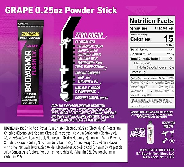 BODYARMOR FLASH IV ELECTROLYTE PACKETS, GRAPE – ZERO SUGAR DRINK MIX, SINGLE SERVE PACKS, COCONUT WATER POWDER, HYDRATION FOR WORKOUT, TRAVEL ESSENTIALS, JUST ADD STICKS TO LIQUID (15 COUNT)