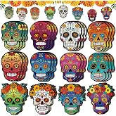 36PCS Wooden Sugar Skulls Ornaments for Tree Day of the Dead Decorations, Dia De Los Muertos Altar Floral Skeleton Cutouts for Crafts Hanging Halloween Decorations Mexican Fiesta Pendant Party