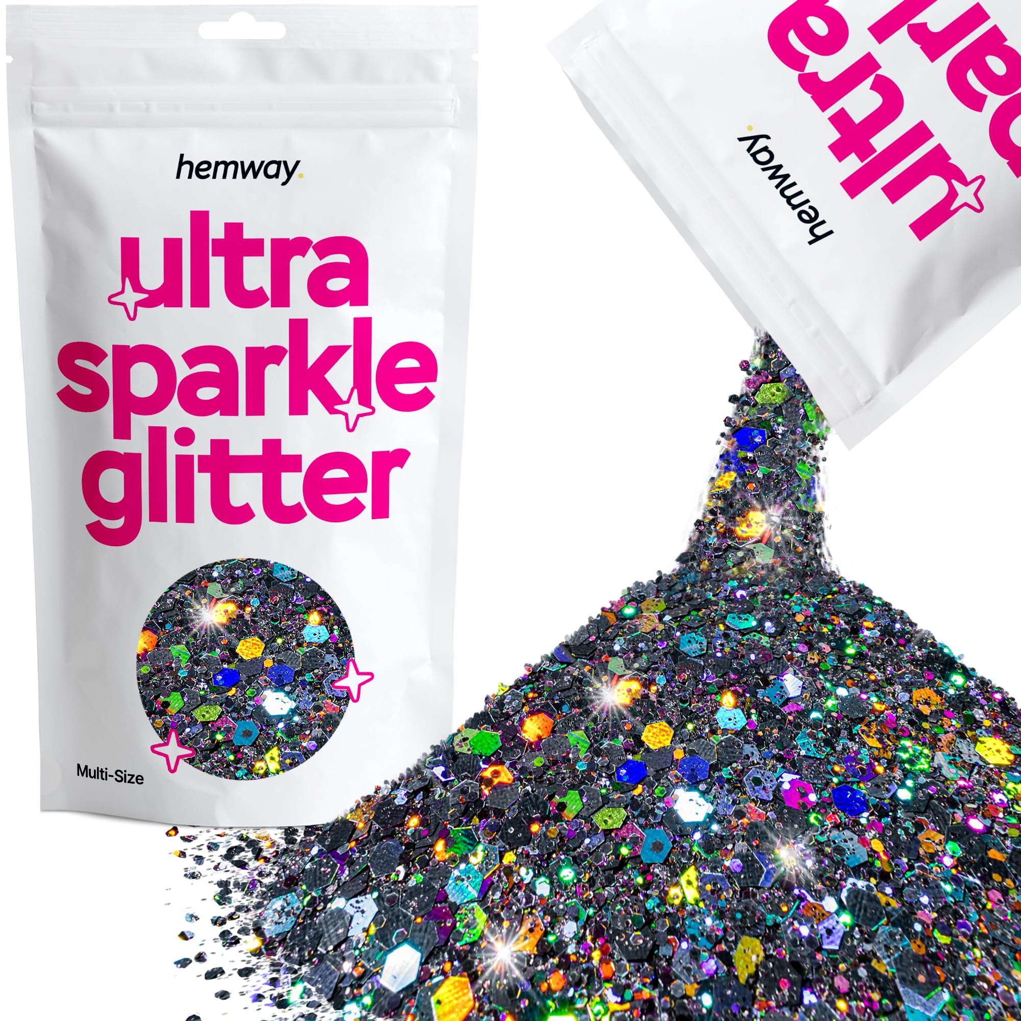 Hemway Ultra Sparkle Glitter Gun Metal Grey Holographic 100g Multi Size | Glitter for Arts & Craft, Makeup, Nail Art, Crafting, Card Making, Sparkle Decoration