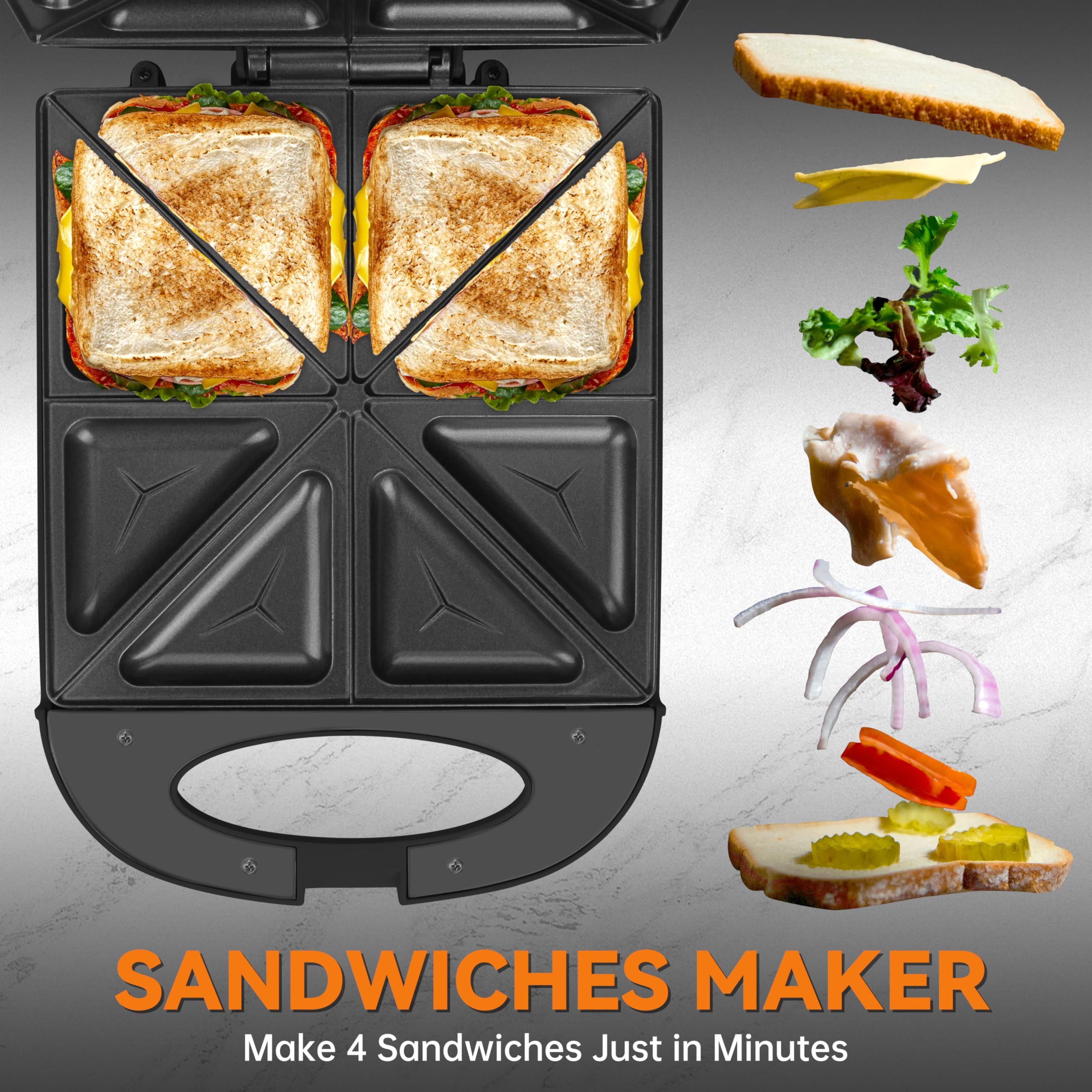 Baker’s Friend Breakfast Sandwich Maker, 4 Slices of Panini Grill Press Sandwich Maker, Electric Sandwich Maker with Indicator Light, Grill Cheese & Egg Muffin Sandwich Maker, Graphite