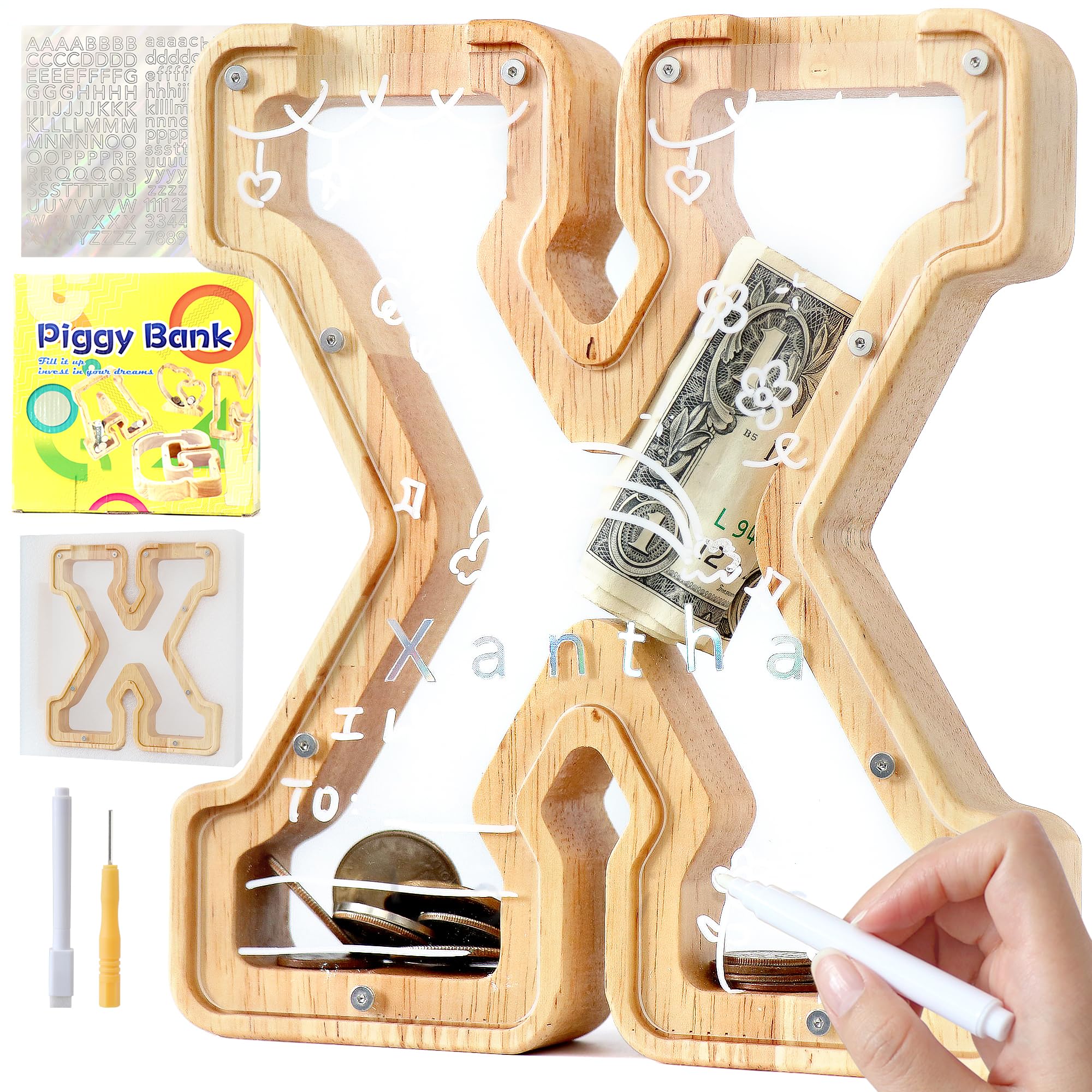 Mikytoper Letter Money Box for Kids Wooden Personalized A-Z Alphabet Piggy Bank Clear Money Bank Coin Bank for Gift Decoration Baptism (X)