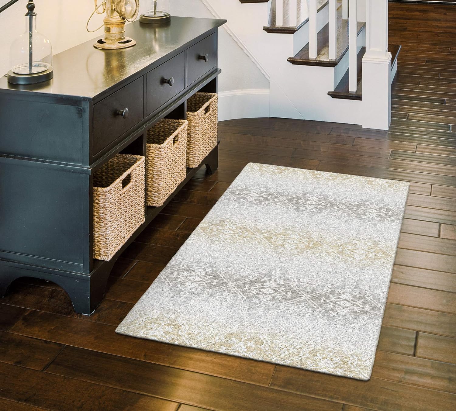 Brumlow Mills Washable Neutral Color Diamond Print Indoor or Outdoor Rug for