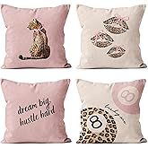 QGFM Coquette Pink Bow Leopard 18x18 Pillow Covers Set of 4, Cheetah Print Room Decor, Trendy Y2K Cheetah Lucky 8 Ball Lips Decorative Throw Pillow Covers for Girls Bedroom Dorm Apartment