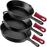 cuisinel Pre-Seasoned Cast Iron Skillet 3-Piece Chef Set (8-Inch, 10-Inch, 12-Inch) Oven Safe Cookware - 3 Heat-Resistant Hol