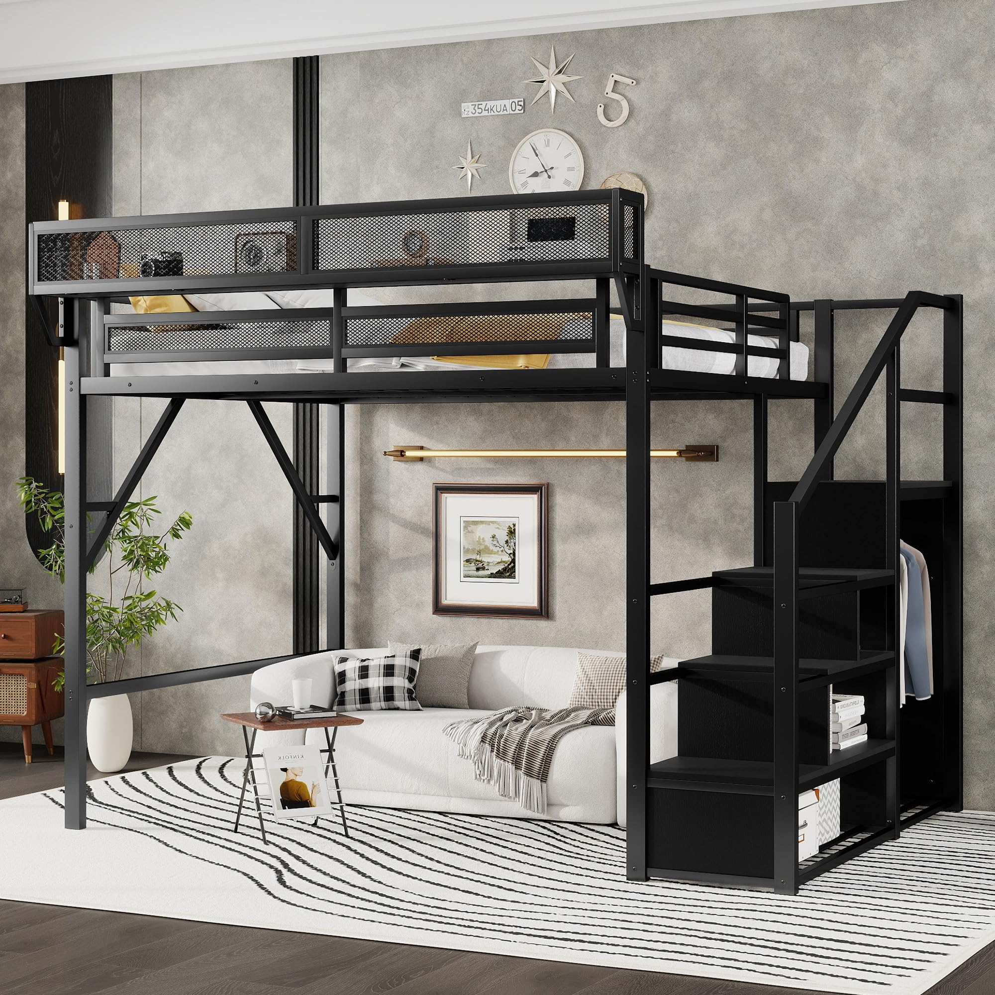 Photo 1 of *USED*
KEIKI Queen Size Metal Loft Bed Frame with Convertible Staircase, Built-in Storage Shelves and Wardrobe, Loft Bed with Solid Slats, Guardrail, No Box Spring Required, Easy Assembly, for Bedroom, Black