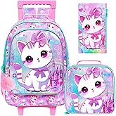 CCJPX 3PCS Rolling Backpack for Girls,Kids Cat Backpacks with Roller Wheels, Wheeled Bookbag with Lunch Box for Toddler Elementary School