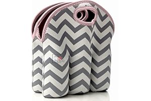 Vettore Sac al Fresco Neoprene 6 Pack Bottle Carrier, Extra Thick Insulated Baby Bottle Cooler Bag Keeps Baby Bottles Cold or Warm (gray chevron light pink trim)
