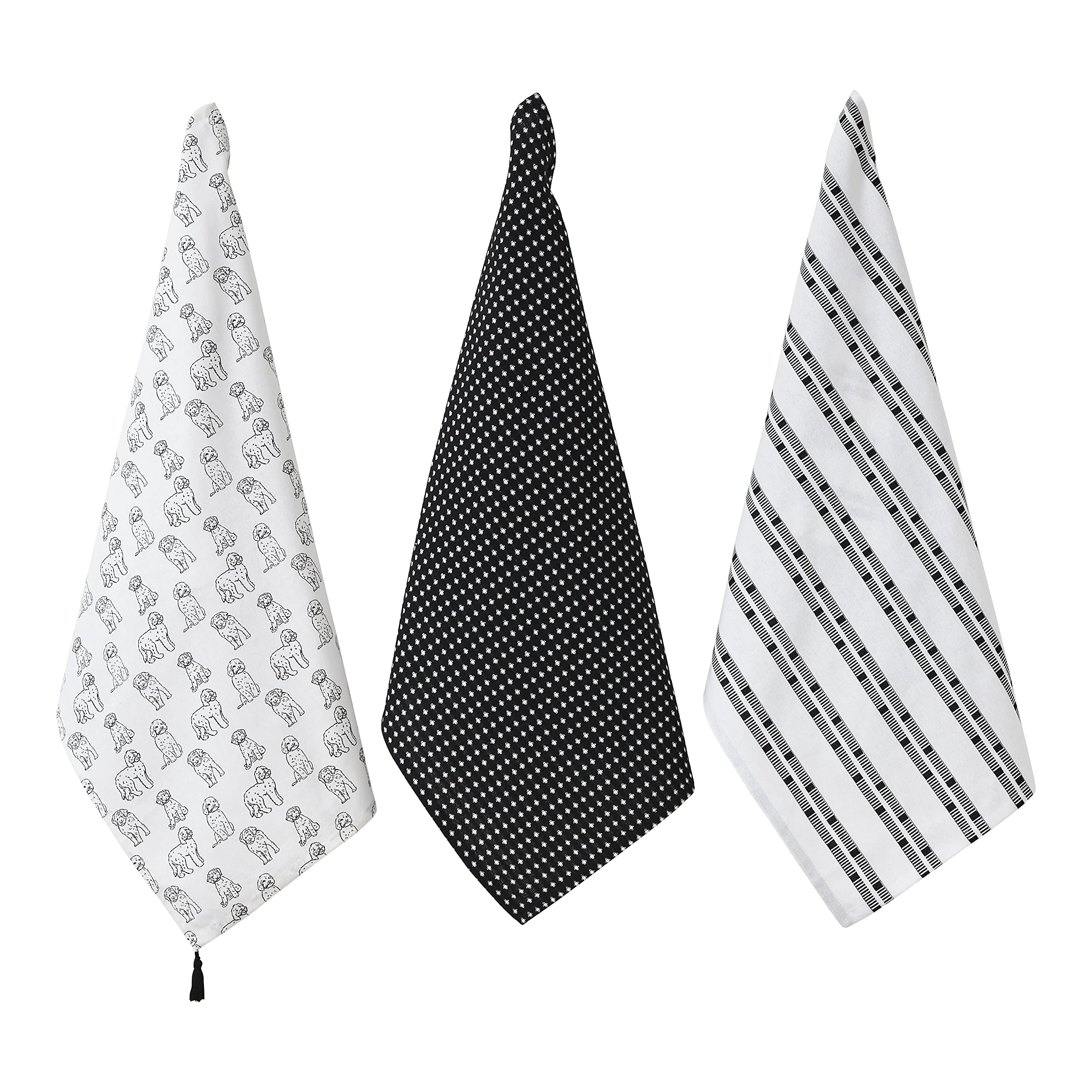 Penguin Home Set of 3 Recycled cotton Tea Towels, Eco Friendly Sustainable YD Waffel & Textured Weave Printed Kitchen Towels Size - 50x70 cm Colour - Black & White Dish Towels