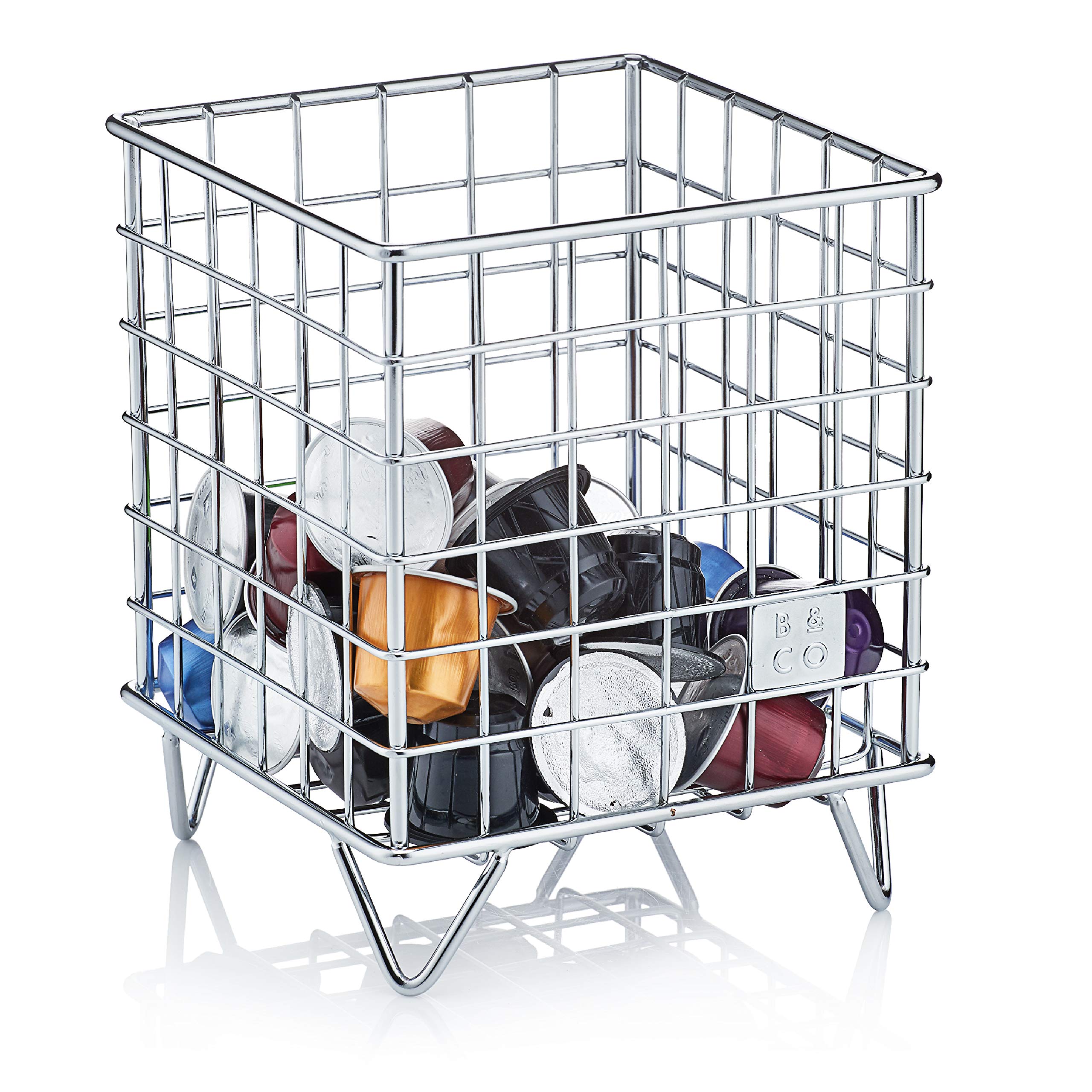 Barista & Co Coffee Pod Cage - Stainless Steel Large Capacity 80+ Coffee Capsule Holder - Electric Steel with Stamp Logo Coffee Pod Storage Compatible with Nespresso, Tassimo, Dolce Gusto Pods etc.