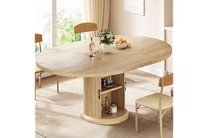 Jocoevol Extendable Round Kitchen Dining Room Table for 4-6 with 2-Tier Storage Shelf, 63'' Space Saving Expandable Wood Oval Circle Dinner Furniture with Pedestal Base (Natural Oka)
