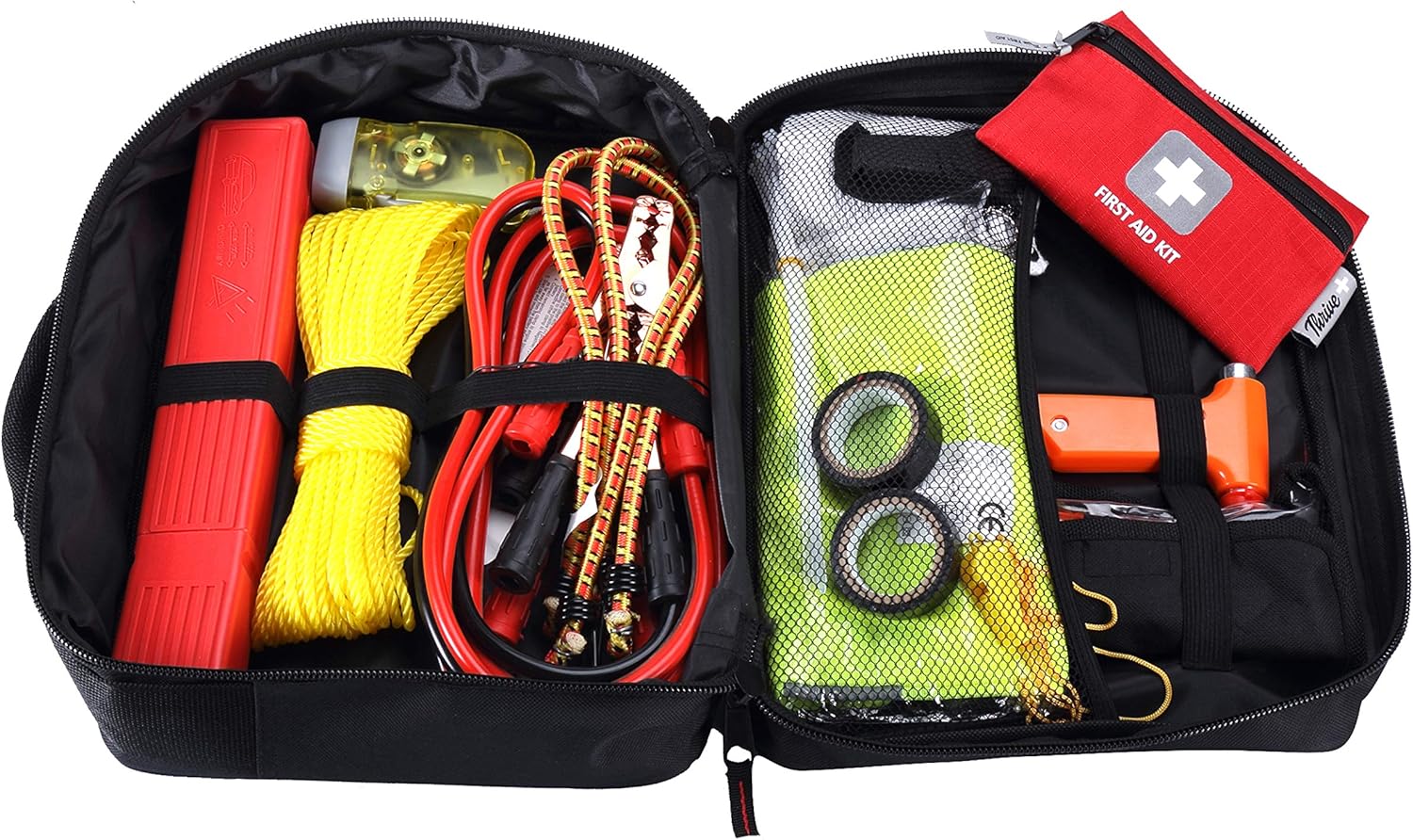 Thrive Roadside Assistance Auto Emergency Kit + Car First Aid Kit – Square Bag - Contains Jumper Cables, Tools, Reflective Safety Triangle & More Perfect Winter Accessory for Your Car, Truck, Camper: Automotive