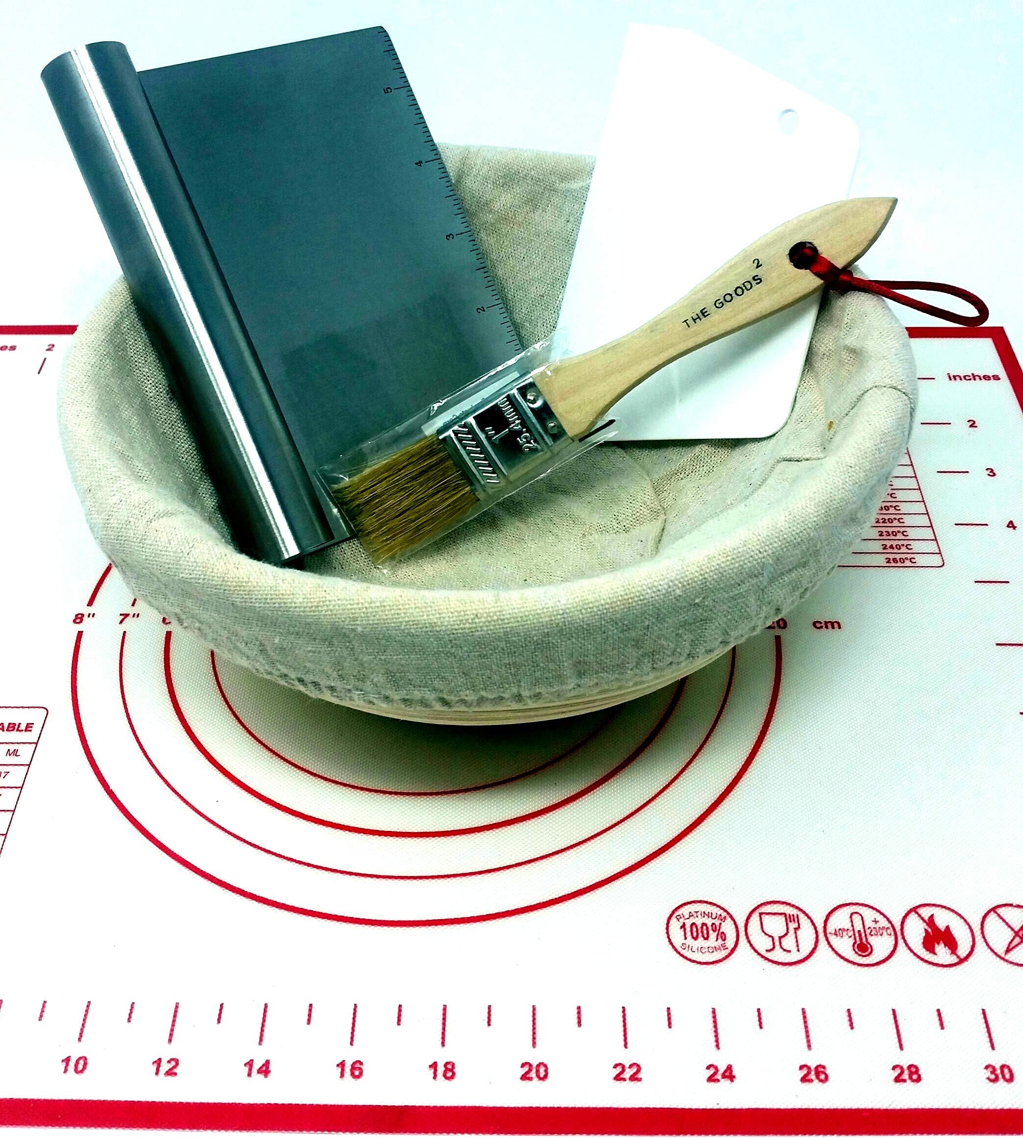 Artisan Bread for the Beginner | Natural Banneton Proofing Basket | Chopper/Scraper, Linen Basket Liner | Cleaning Brush | Platinum Silicon Baking Mat with Measurement Table & Temp Conversion Chart