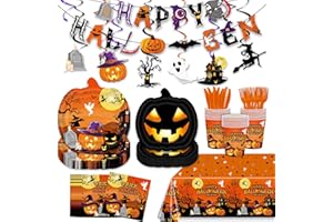 XUELIREN 123PCS Halloween Pumpkin Party Supplies for Kids Child Scary Ghost Set with Tablecloth and Banner Dessert Plates Napkins Cups Set for 20 Guests