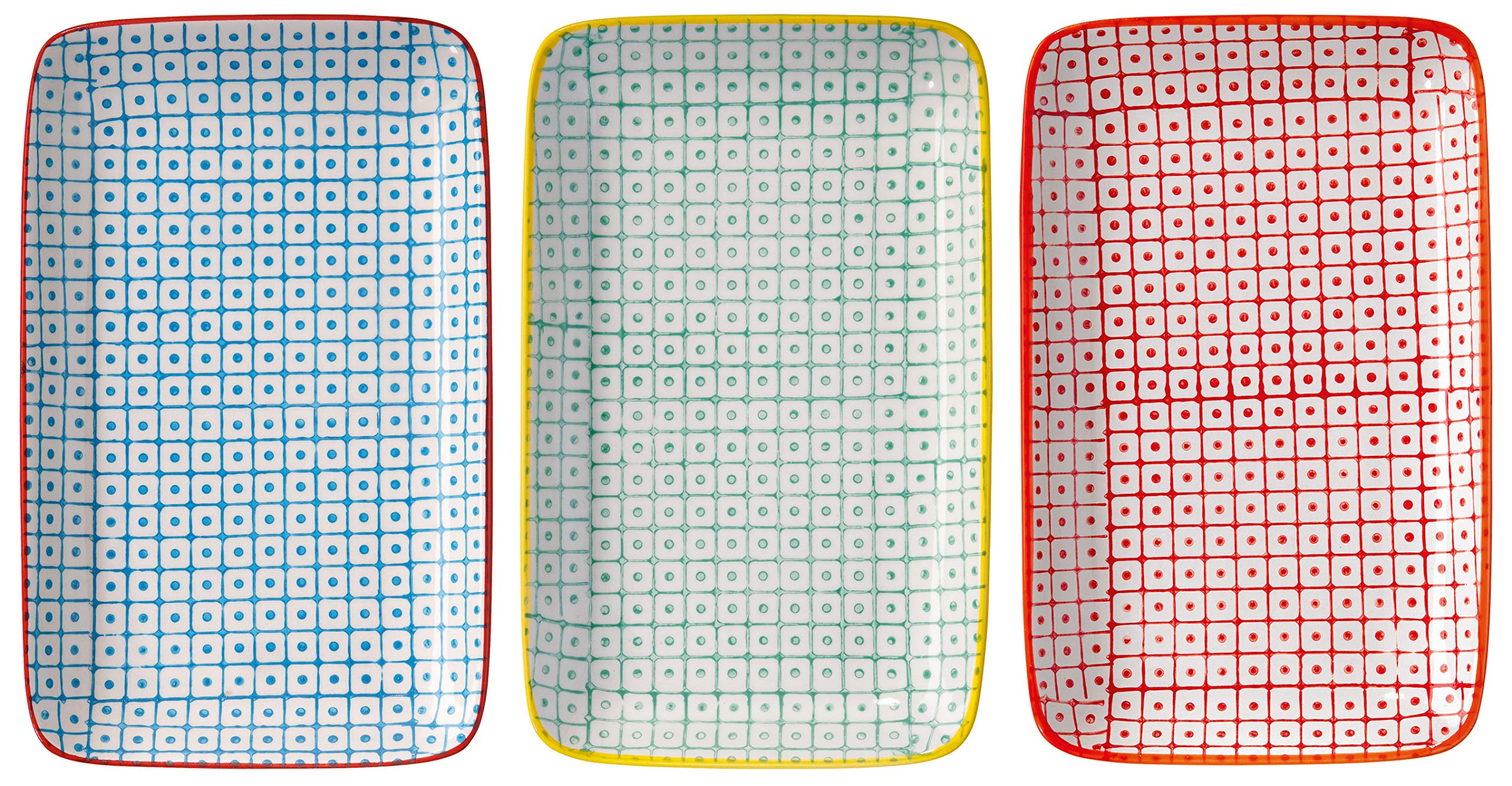 Bloomingville Ceramic Plates rectangules Carla - serving dish L 7.5'' W 4.75'' Set of 3 Styles, Stoneware, red blue green