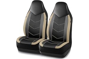 PIC AUTO Leather Car Seat Covers, Sports Carbon Fiber & Mesh Design, High-Back Two Front Set, Waterproof Automotive Seat Covers, Airbag Compatible, Universal Fit for Most Cars (Black & Beige)
