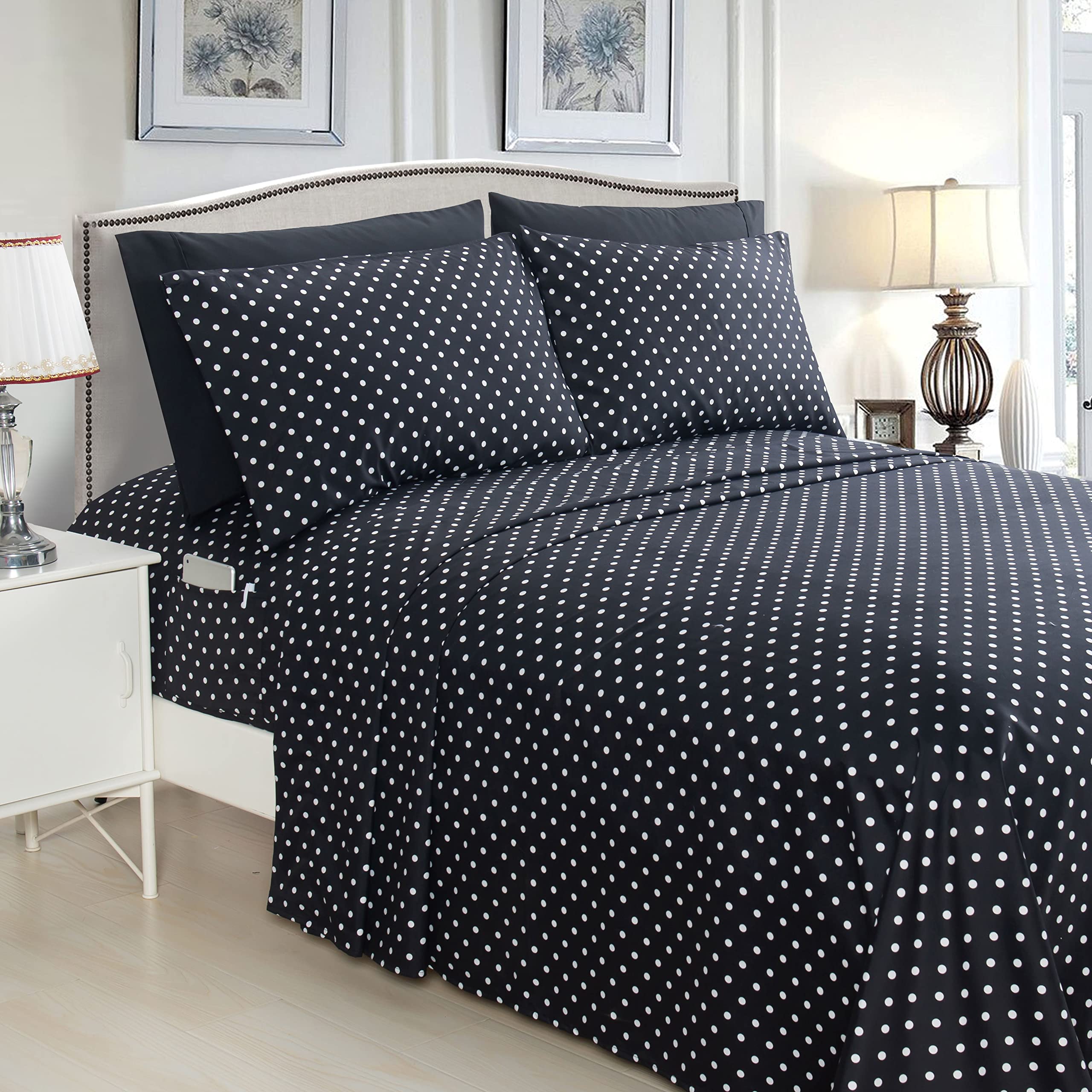 Photo 1 of Elegant Comfort Delilah Polkadot 6-Piece Set, Fade & Wrinkle Resistant, 1500 Premium Hotel Quality Microfiber Deep Pocket Fitted Sheet Featuring Smart Pockets, Polkadot Sheet Set, Full, Black