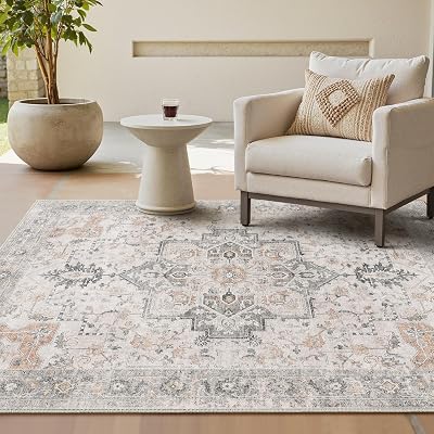 Vintage Wohnzimmer Beige Teppich 160x230cm Waschbar & rutschfest
