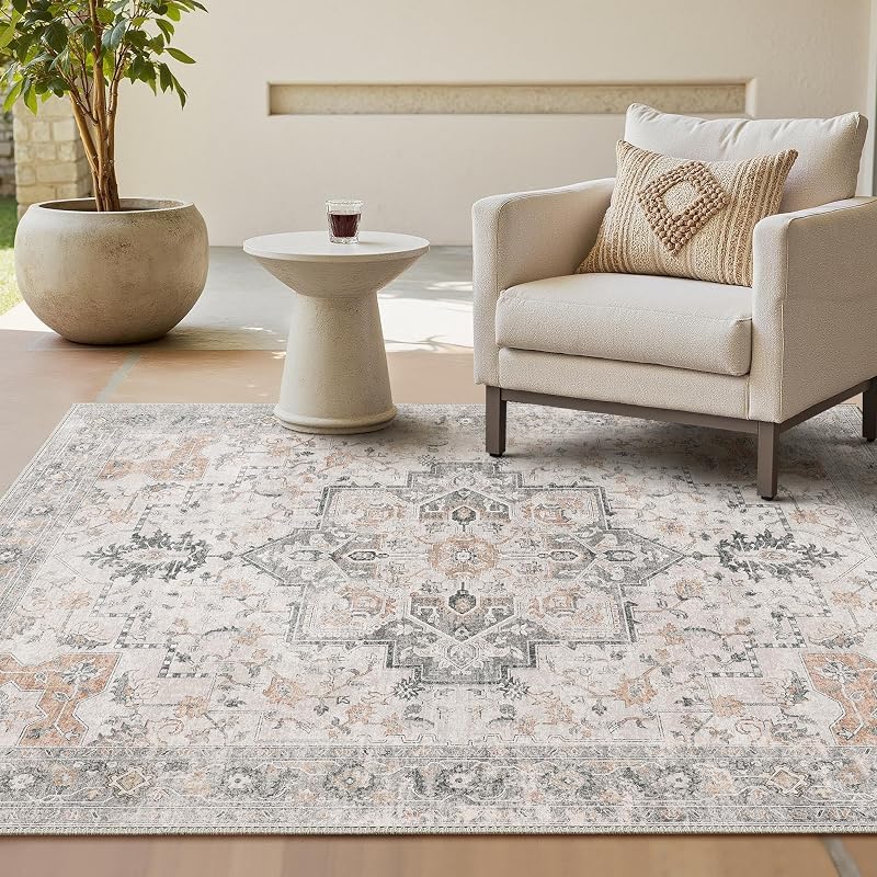 Alfombra Salon Vintage Alfombras de Área Lavables en Máquina, Alfombras con Base Antideslizante, Alfombra de Dormitorio de Pelo Corto para Cocina, Comedor, Marrón Claro Taupe, 160X230CM