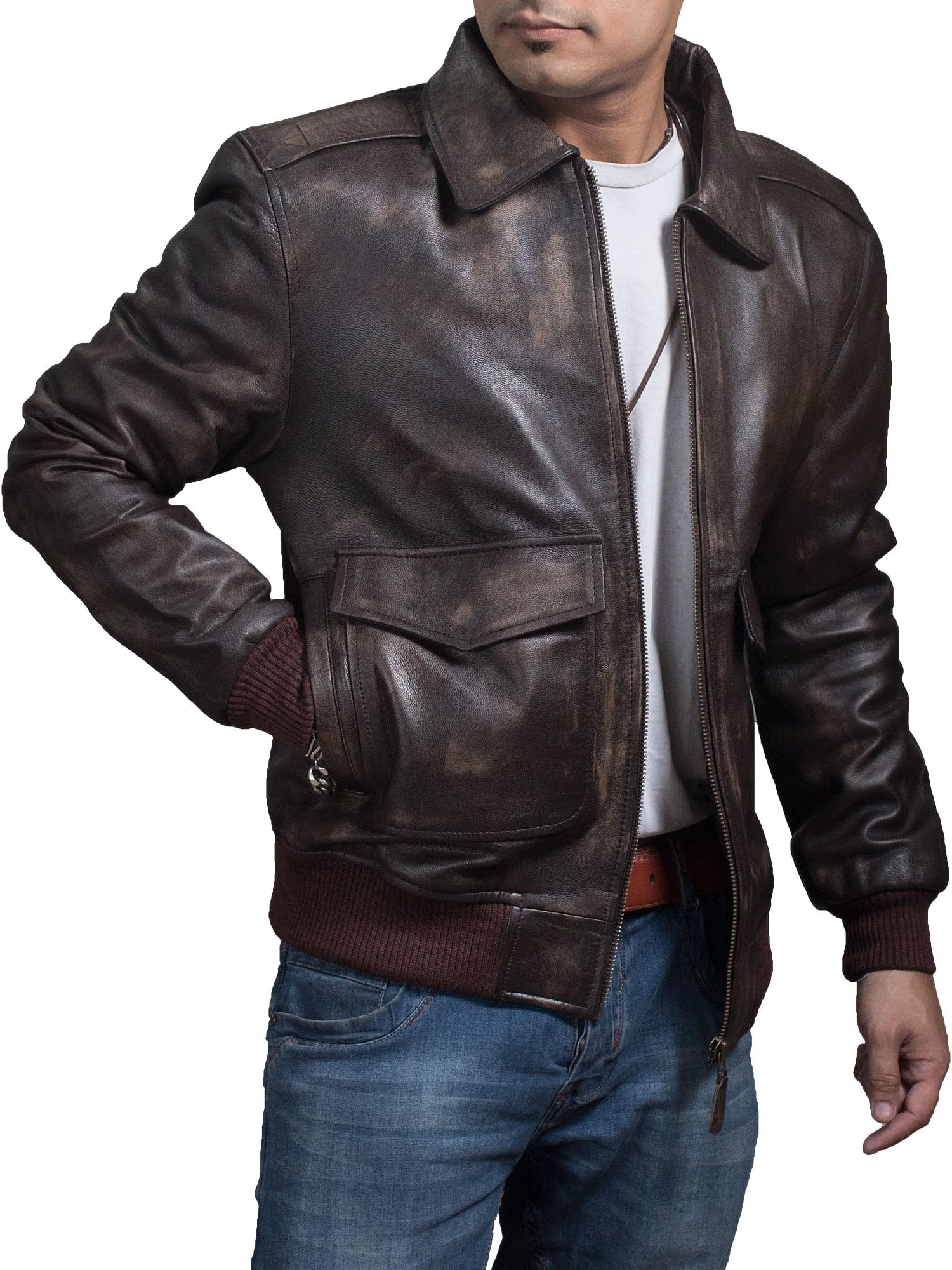 Men's Air Force A-2 Leather Flight Bomber Jacket - Inspired Customize Distressed Brown
