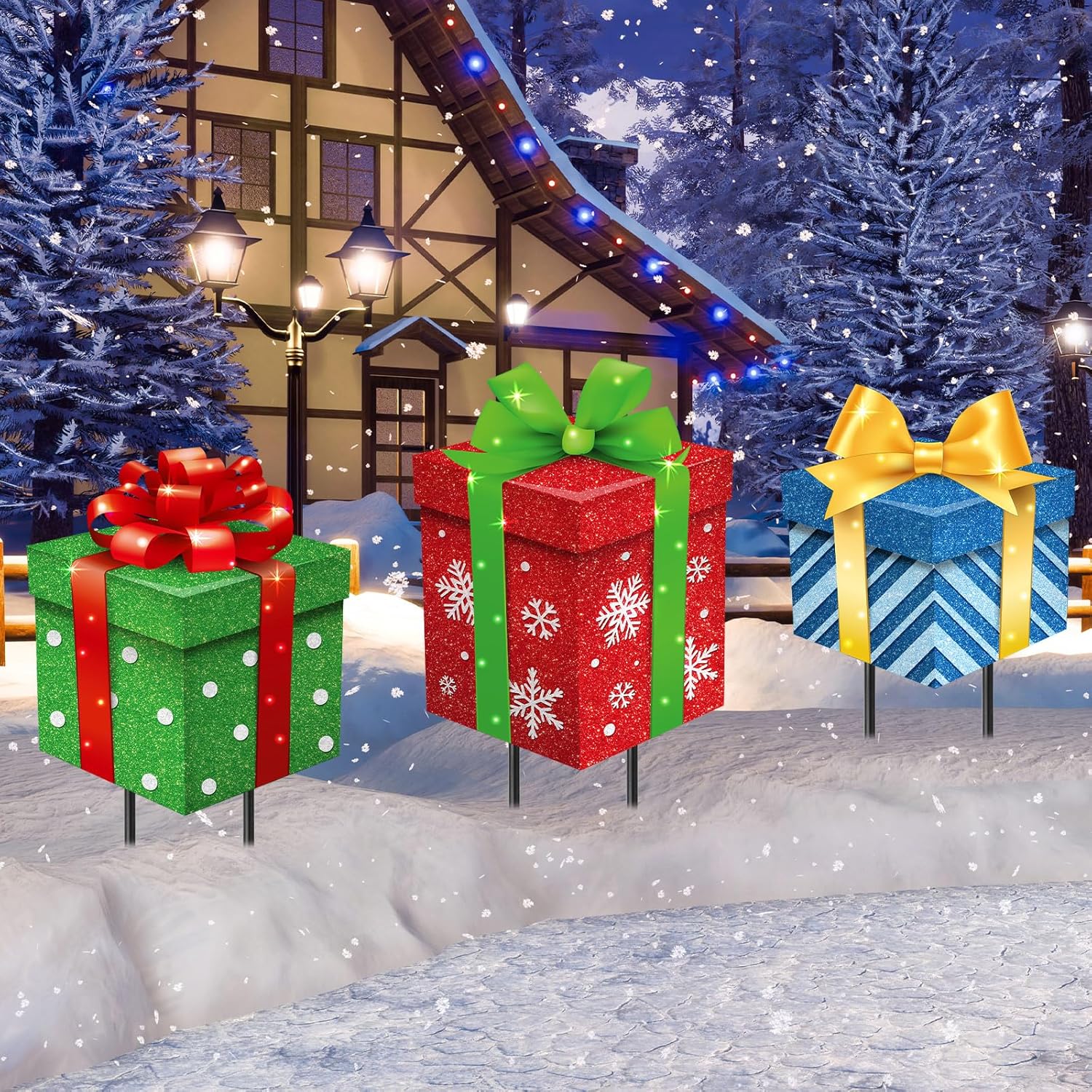 Yard Signs - Drydiet 3 Pack Metal Christmas Yard Signs Decor Christmas Yard Stakes Outdoor Metal Xmas Yard Signs with Stakes for Christmas Holiday Outdoor Garden Lawn Pathway Decoration (Gift Boxes)