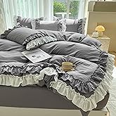 Shabby Chic 3 Pieces Bedding,Vintage Ruffled Queen Duvet Cover Set with 2 Layers Ruffles,Soft Brushed Microfiber Set with Zipper Closure,Lightweight Duvet Cover Set-Gray,Queen