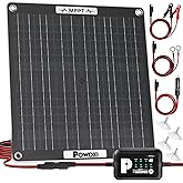 POWOXI 30W Solar Battery Charger: 12V Solar Car Battery Trickle Maintainer - with MPPT Controller Parameter Adjustable - for RV Boat Marine Motorcycle Trailer Truck Tractor - Solar Panel Kit