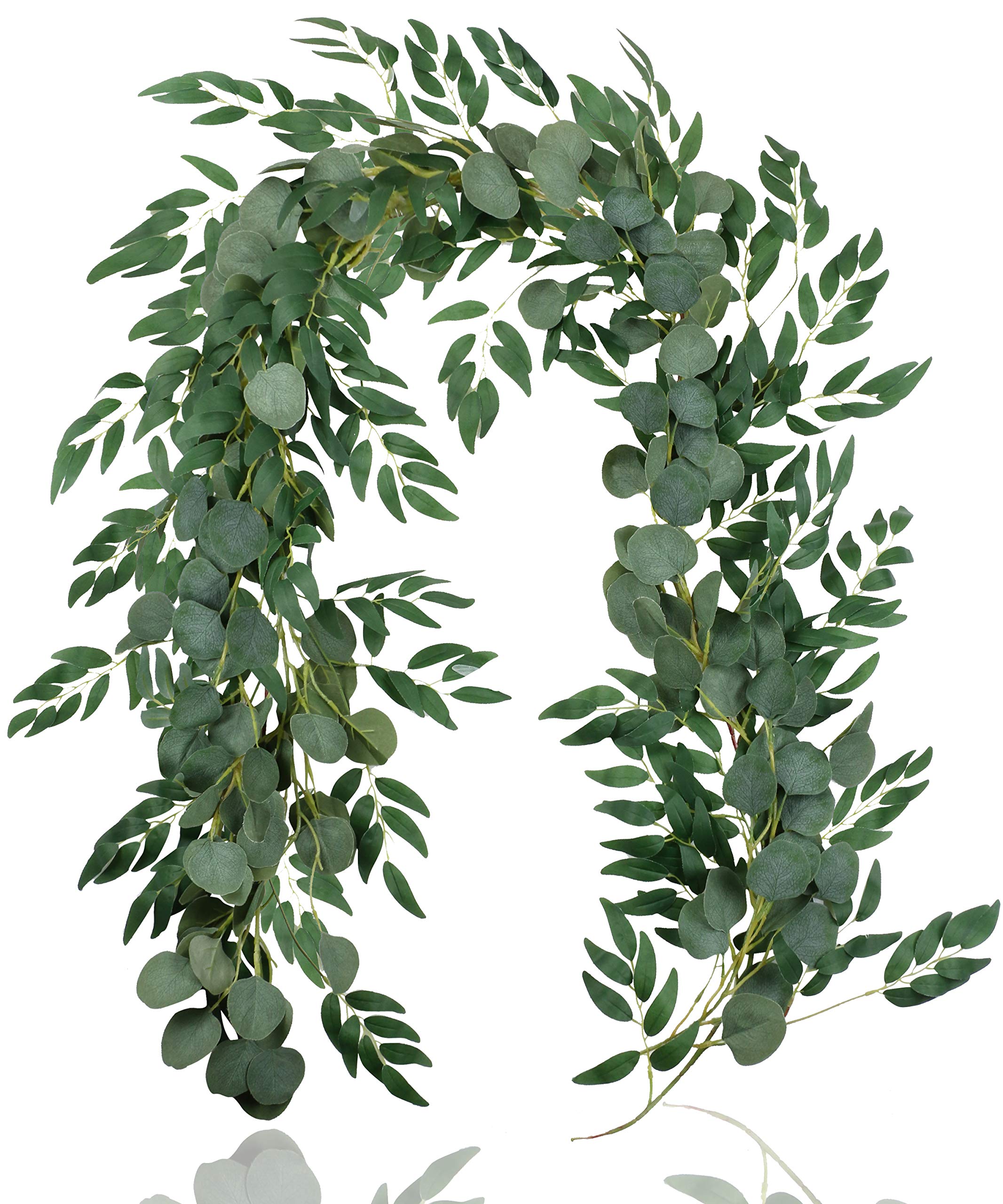 Falflor 2Pcs Greenery Garland 6.5Ft Artificial Eucalyptus Garland and 6.5Ft Willow Leaves Plants Table Runner Fake Vine for Wedding Home Decor(2Pcs)