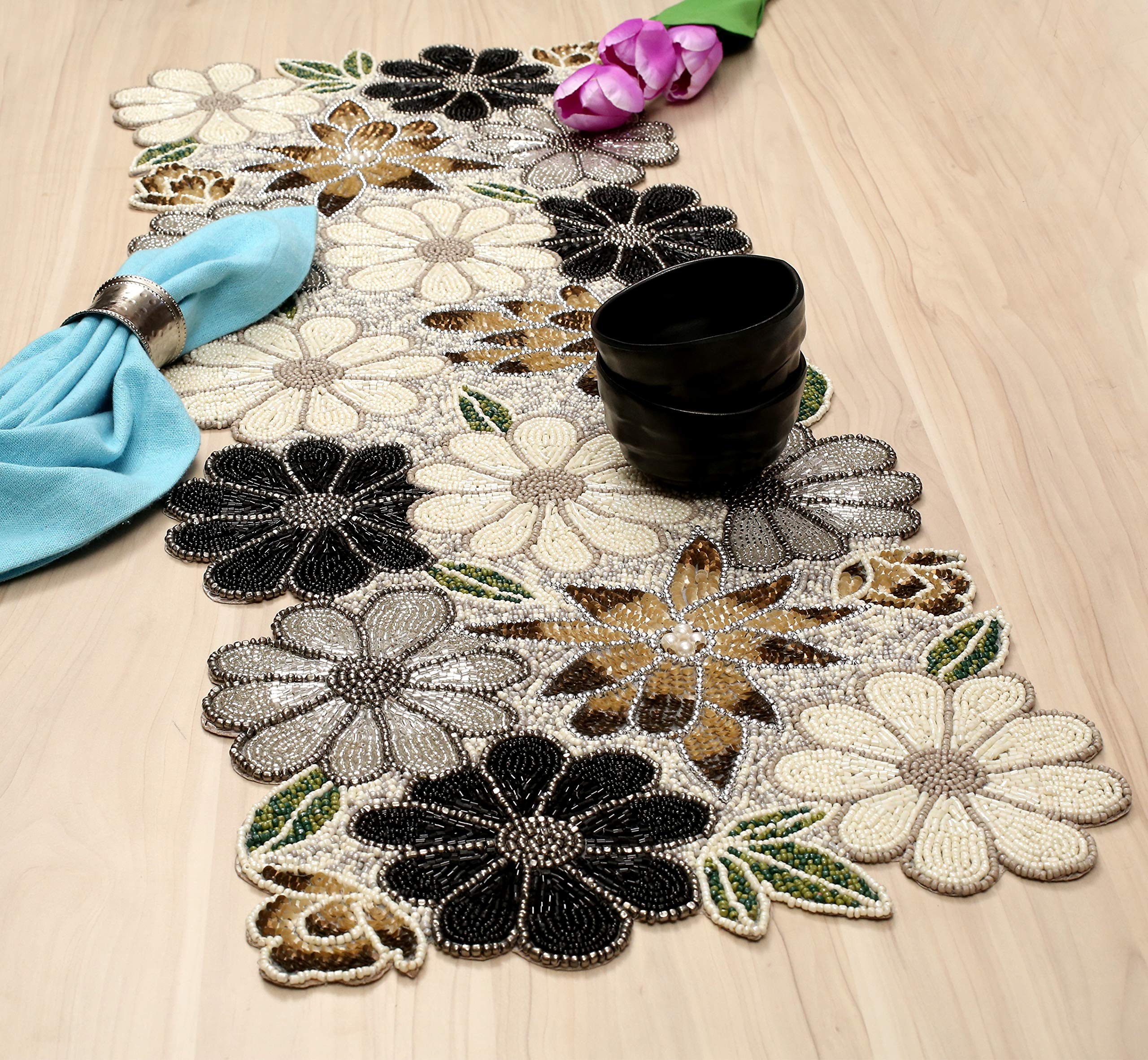 Beaded Table Runner 36 Inch, Glitz Table Runner, Decorative Farmhouse Table Runner, Rustic Bridal Shower Beaded Table Runner, Beaded Christmas Table Runner-13x36 Inch (31x91 Cm) - Brown Multi