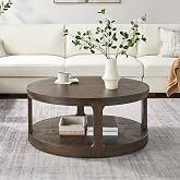 40'' Brown Round Coffee Table, Round End Table 2 Tier Wood Coffee Table Round Circle Coffee Table for Living Room, Traditional Retro Farmhouse Style Rounded Wooden Table for Office(&oslash;40'' x 17.52'')