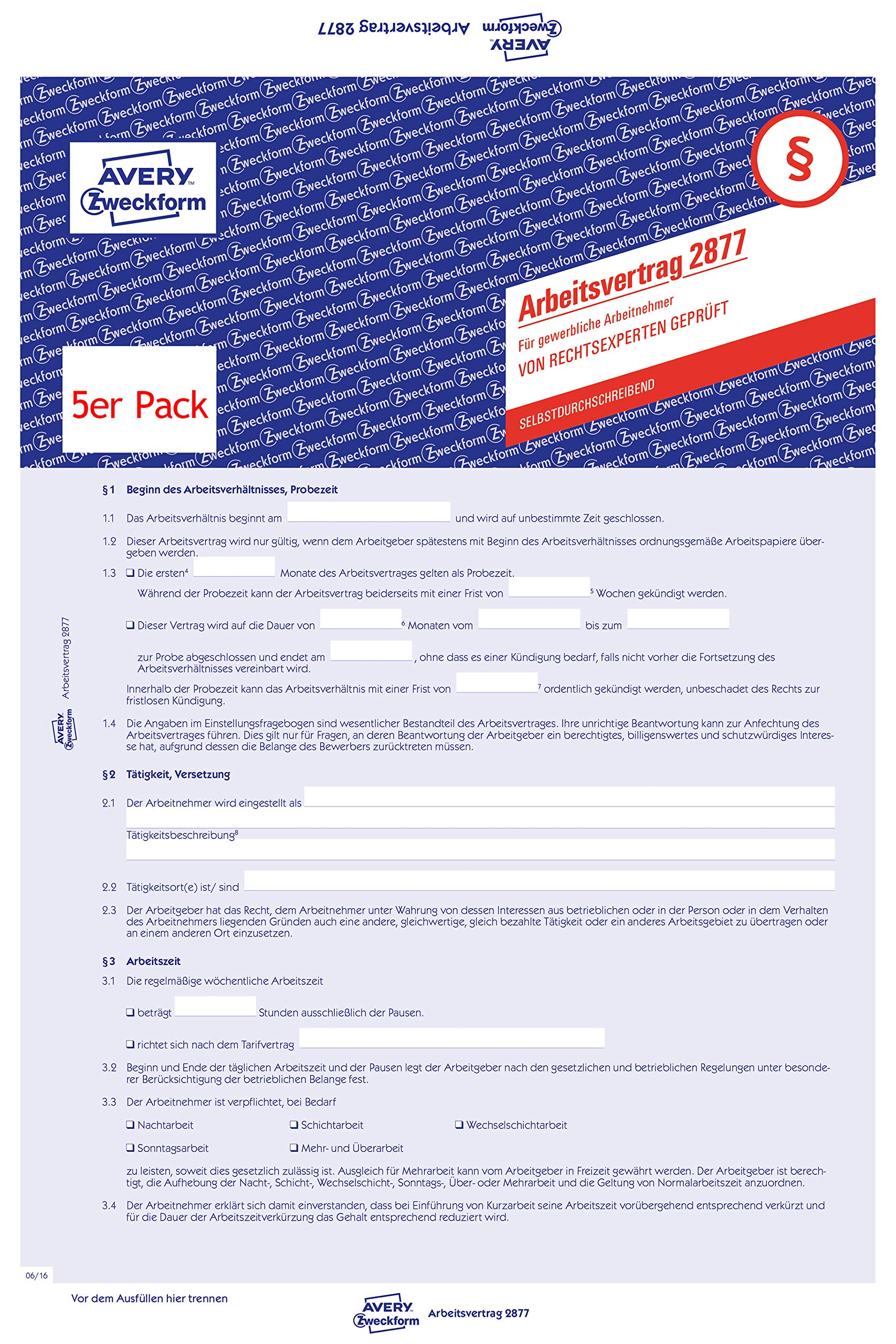 AVERY Zweckform 2877-5 Employment Contract for Commercial Workers (Contract, 3-Page Form in A4, self-Copy) Pack of 5, Blue